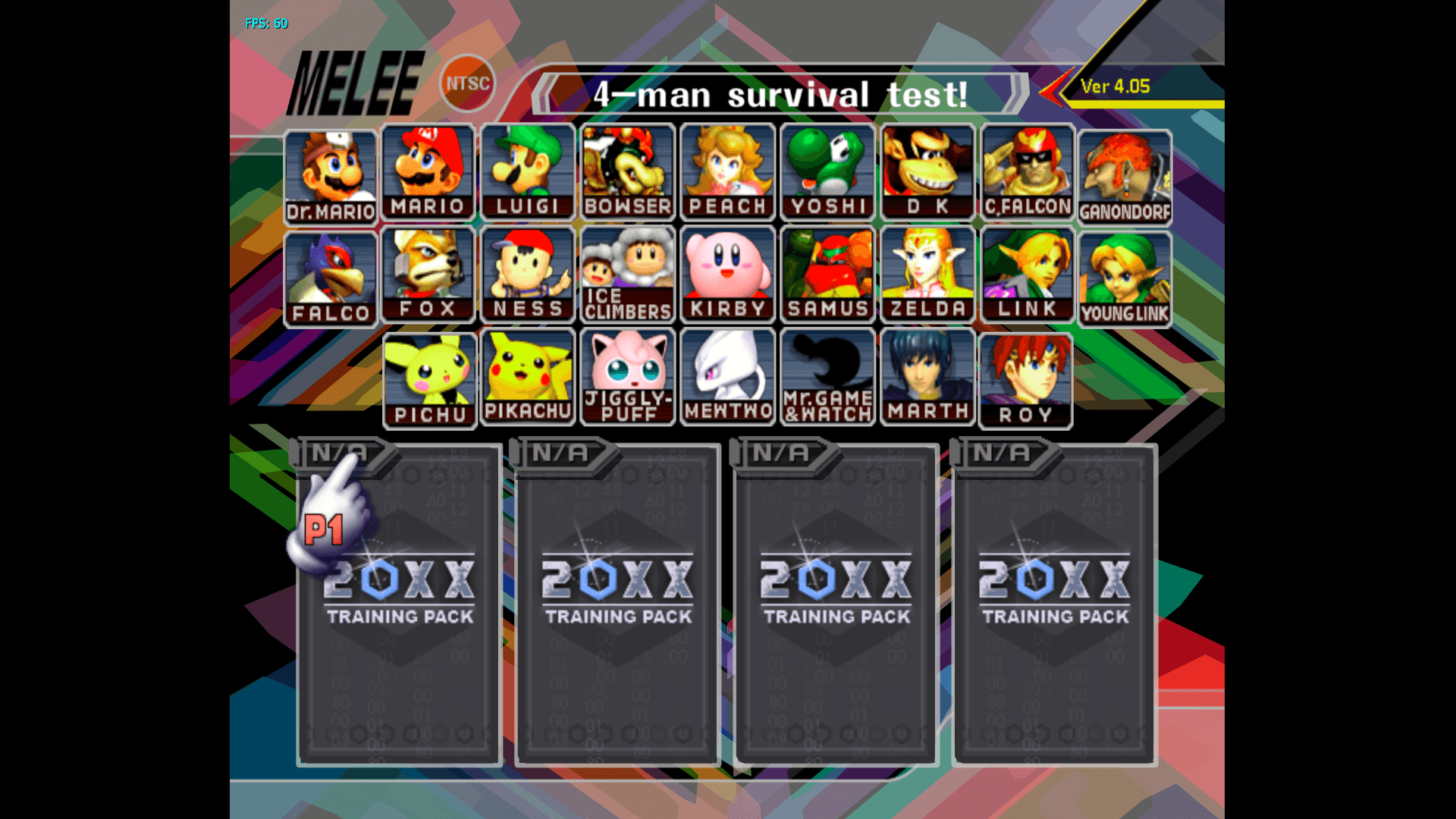 Super Smash Bros. Melee character select screen that has been heavily modified to be more colorful.